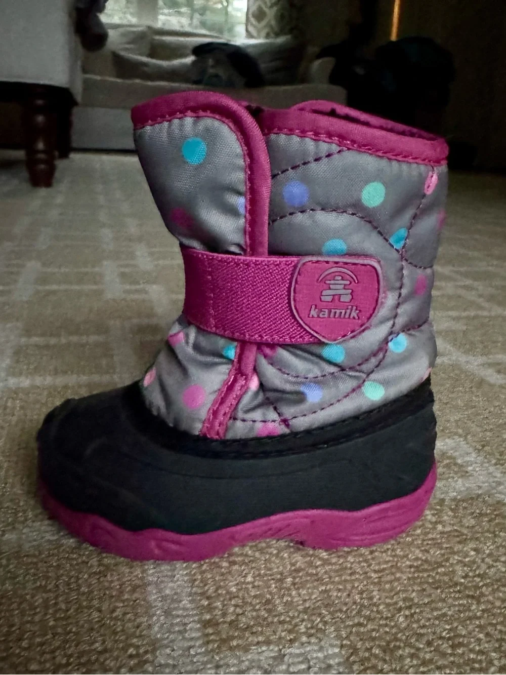 Kamik Kids Snowbug6 Insulated Winter Snow Boots Gray Pink Polka Dot Girls Size 5